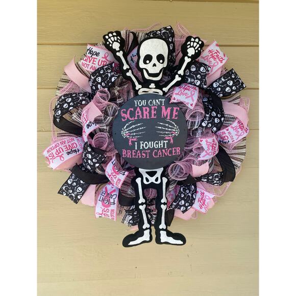 Halloween Breast Cancer Awareness Wreath – Skeleton “You Can’t Scare Me” Decor - Picture 1 of 10